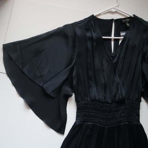 Jessica Simpson Black Satin Flutter Sleeve Jumpsuit Smocked Waist Wide Leg XS - Picture 4 of 11